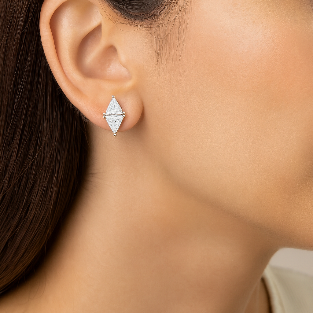 Elegant Dual-Triangle Diamond Cut Zircon Stud Earrings for Women | Premium Silver Finish | Daily Wear & Party Wear Jewelry