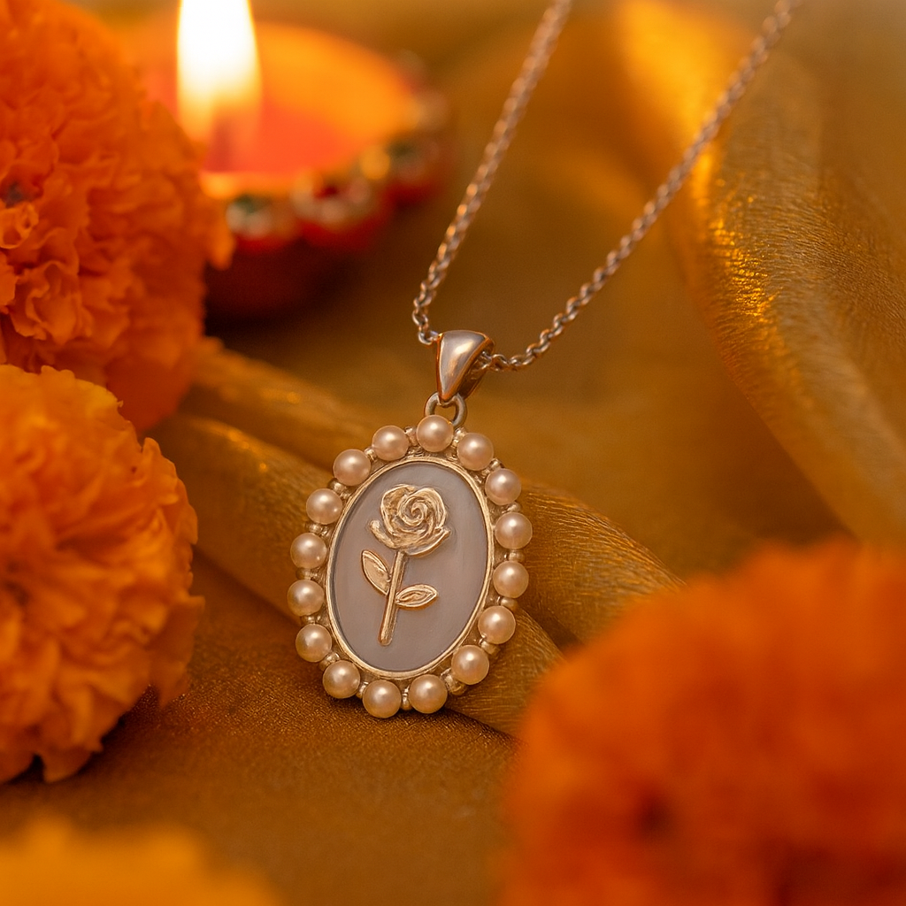 925 Silver Rose Pearl Pendant Necklace for Women – Elegant Vintage Charm Jewelry