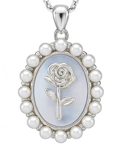 925 Silver Rose Pearl Pendant Necklace for Women – Elegant Vintage Charm Jewelry