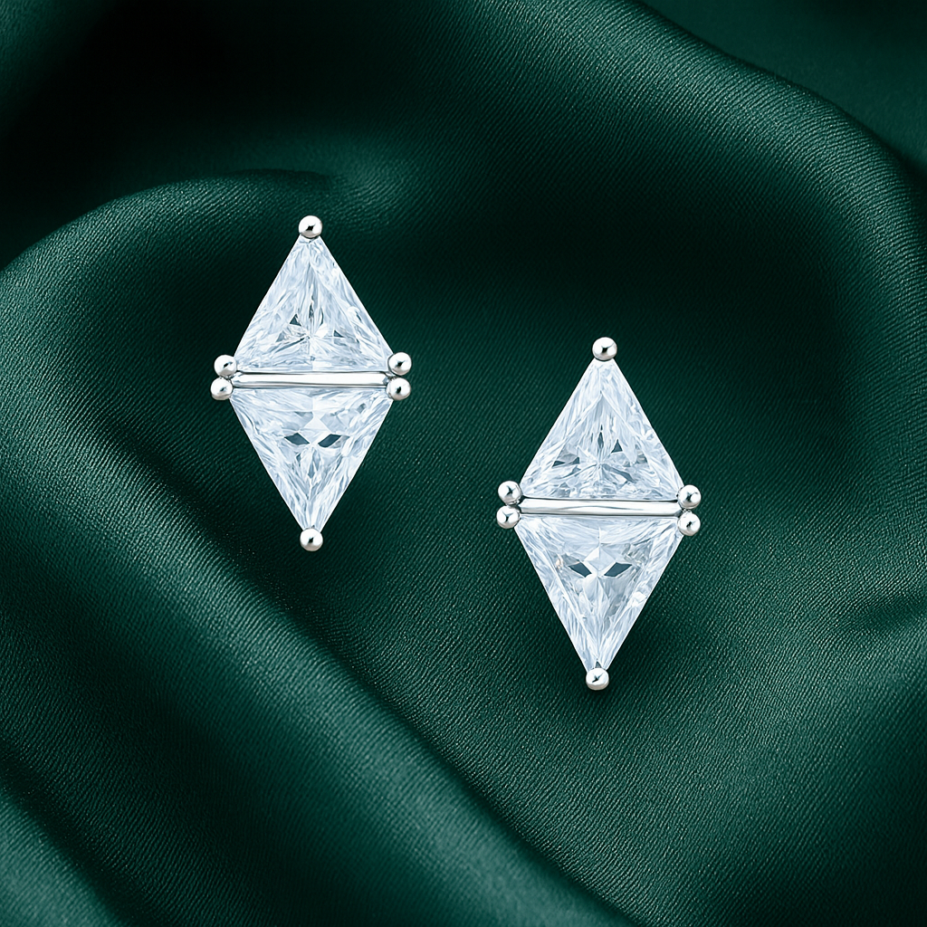 Elegant Dual-Triangle Diamond Cut Zircon Stud Earrings for Women | Premium Silver Finish | Daily Wear & Party Wear Jewelry