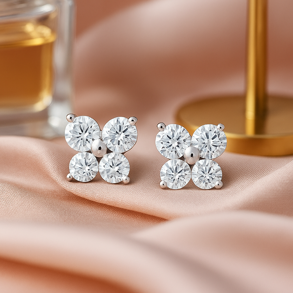 Elegant Four-Stone CZ Cluster Stud Earrings for Women | Daily Wear Sparkle