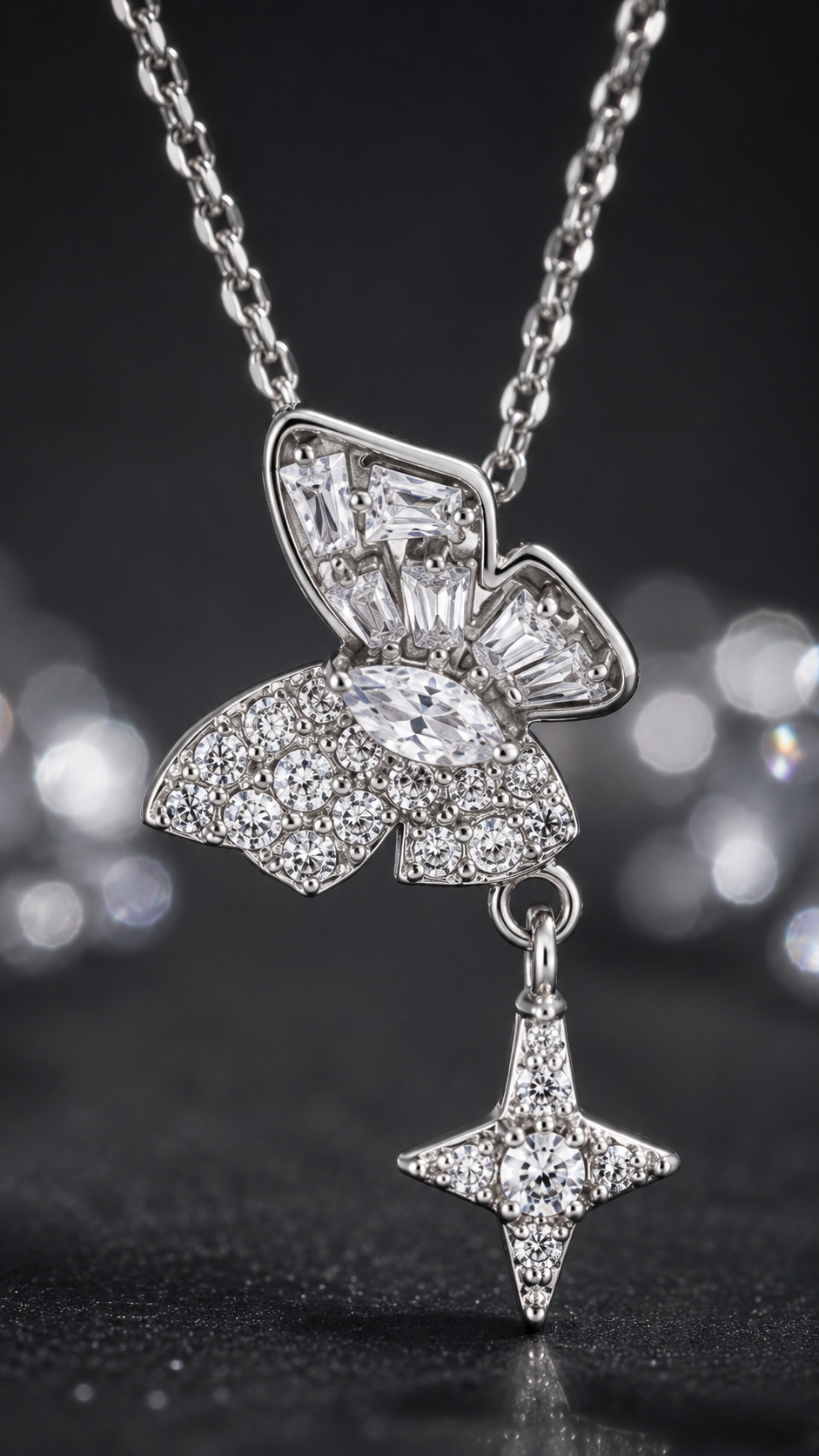 Silver Butterfly Drop Necklace