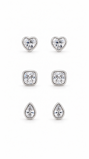 Heart, Square & Teardrop Stud Earrings Set - Aaryahi Silver jewellery product photo