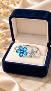 Silver Blue CZ Double Flower Adjustable Ring