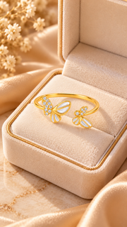 Gold Mother of Pearl CZ Butterfly Adjustable Ring