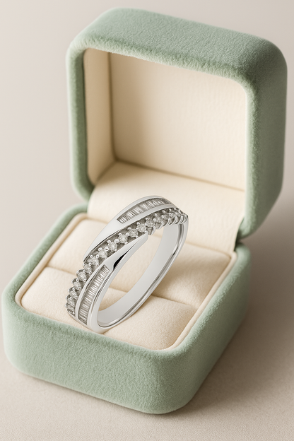 Stylish 925 Silver Dual Row Baguette & Round CZ Band Ring for Women – Elegant Party & Daily Wear Ring