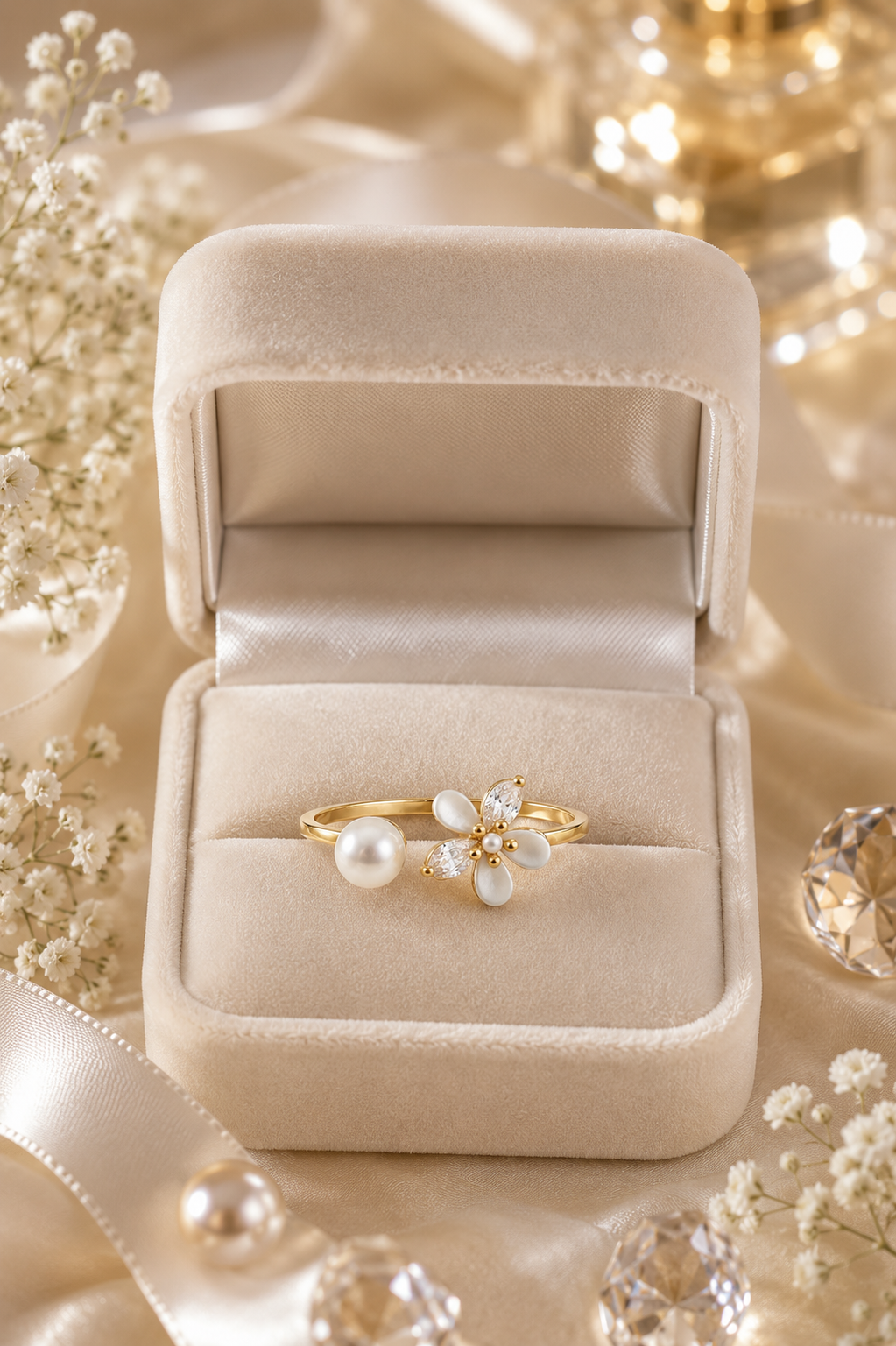 Gold Pearl & Flower Open Adjustable Ring