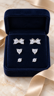 Bow, Heart & Round Solitaire Stud Earrings Set - Aaryahi Silver jewellery product photo