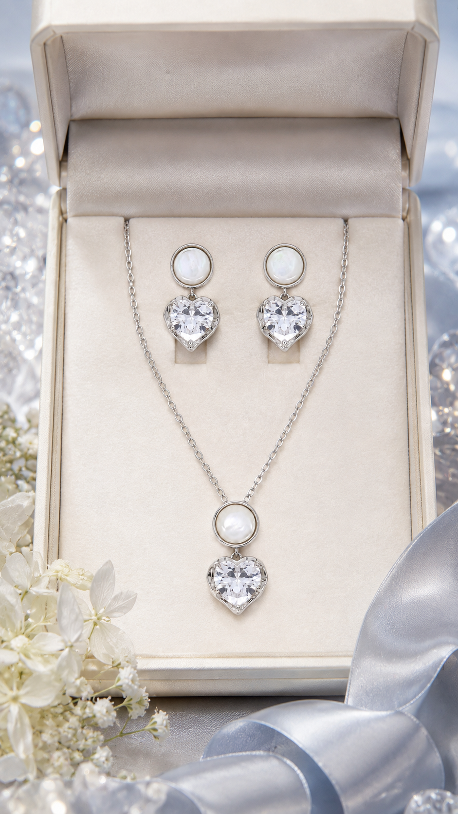 Elegant Silver Mother of Pearl Heart Crystal Pendant Necklace & Earrings Jewelry Set