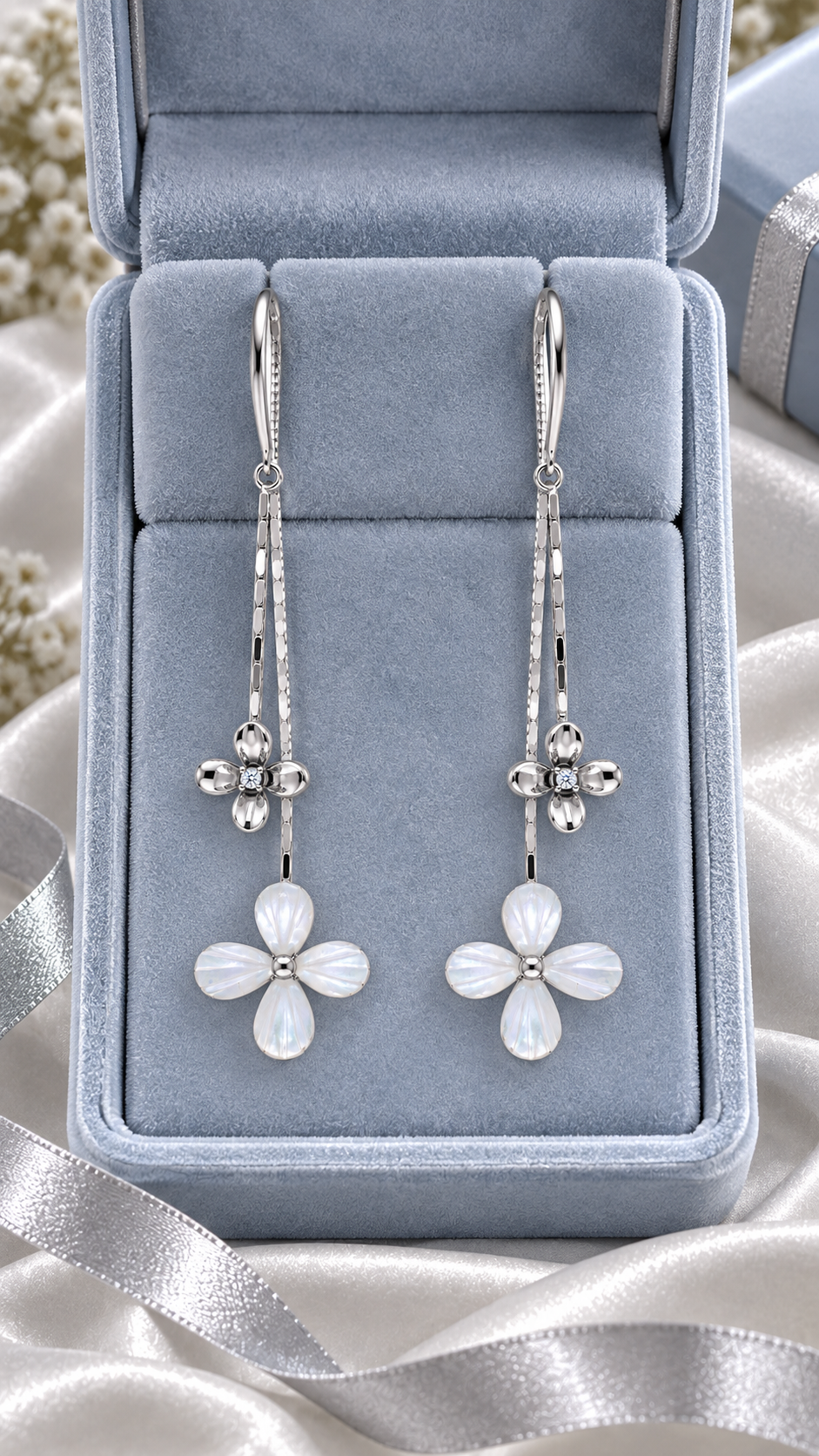 Silver Flower Long Drop Earrings