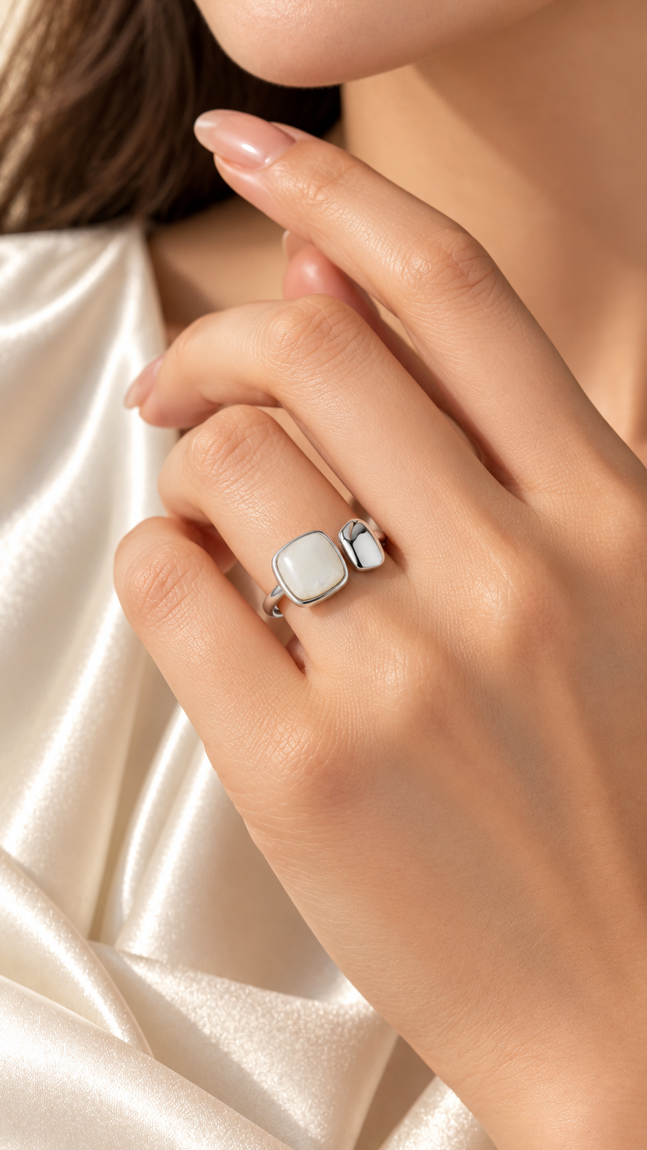Silver Mother of Pearl Geometric Adjustable Ring