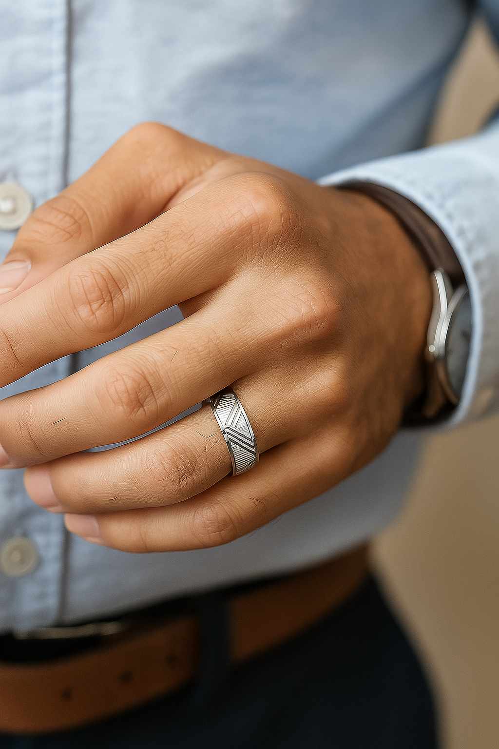 Geometric Pattern Silver Finish Ring for Men Stylish Textured Band for Daily and Party Wear