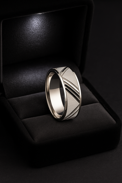Geometric Pattern Silver Finish Ring for Men Stylish Textured Band for Daily and Party Wear