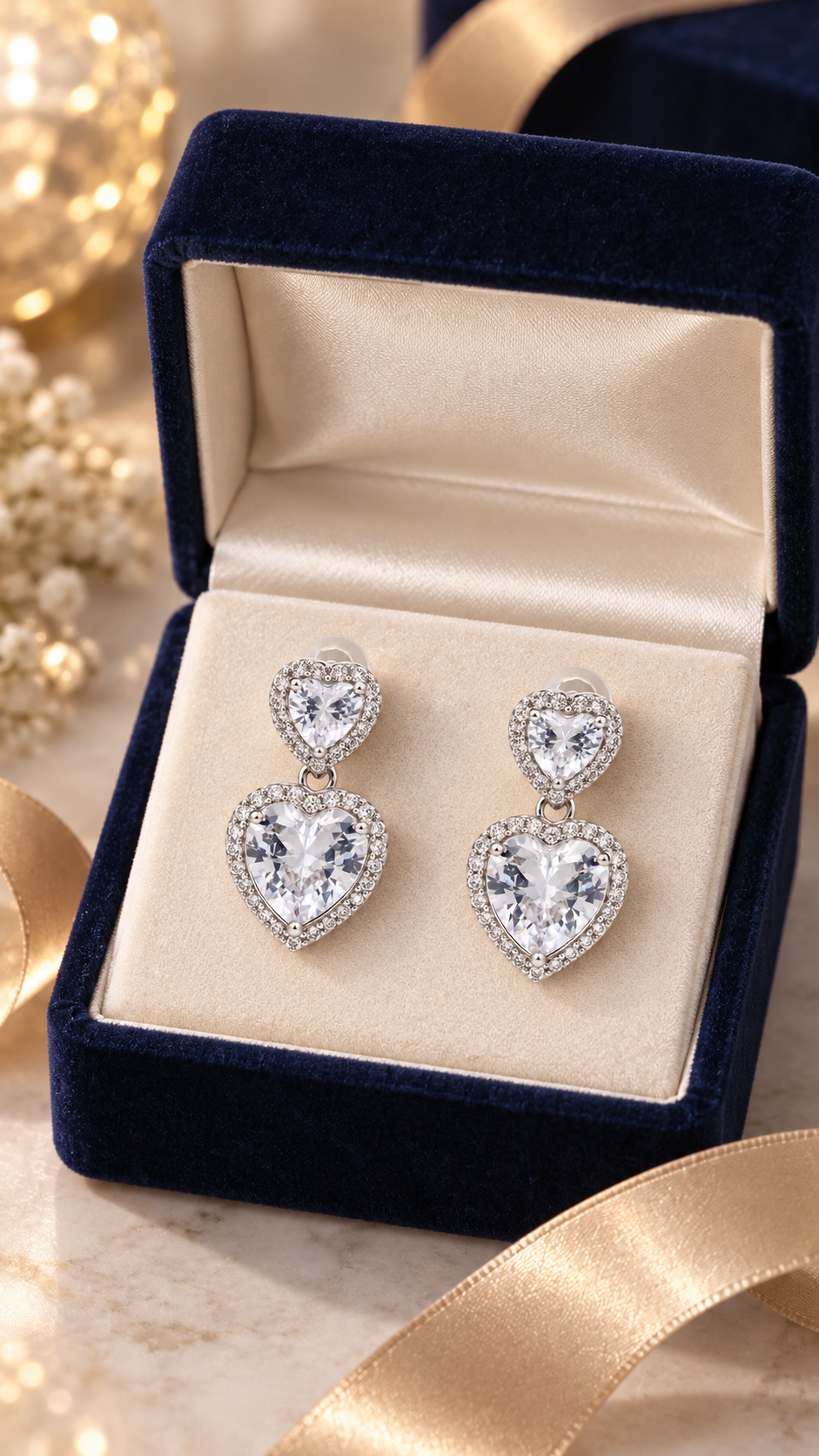 Silver Heart Halo Drop Earrings