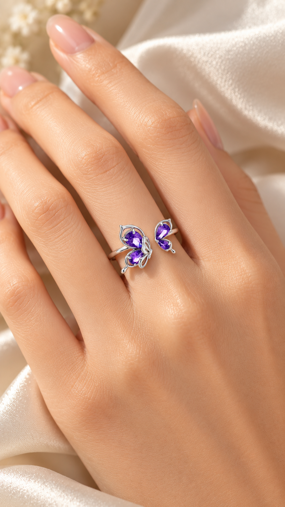 Silver Purple CZ Double Butterfly Adjustable Ring