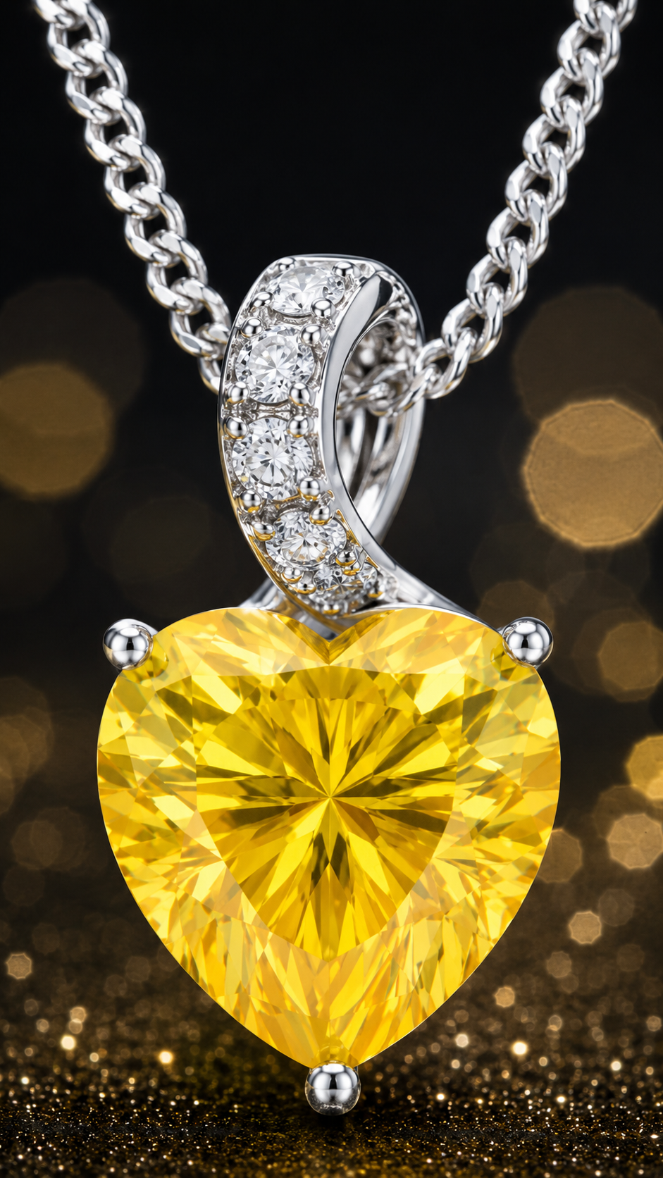 Elegant Silver Yellow Heart Crystal Pendant Necklace