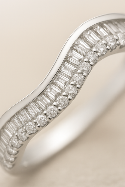 925 Silver Wave Design Baguette & Round Zircon Band Ring for Women – Elegant Minimalist Jewelry