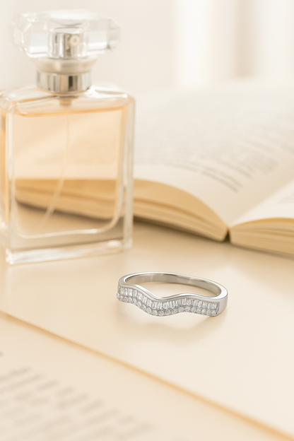 925 Silver Wave Design Baguette & Round Zircon Band Ring for Women – Elegant Minimalist Jewelry