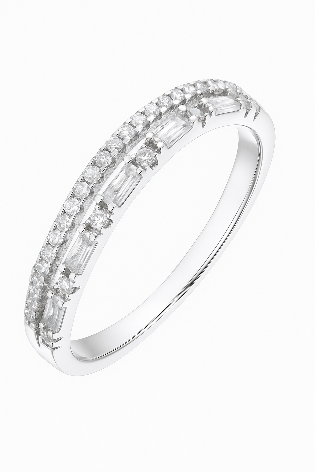 925 Silver Dual Row Baguette & Round Zircon Band Ring for Women – Elegant Everyday & Party Wear