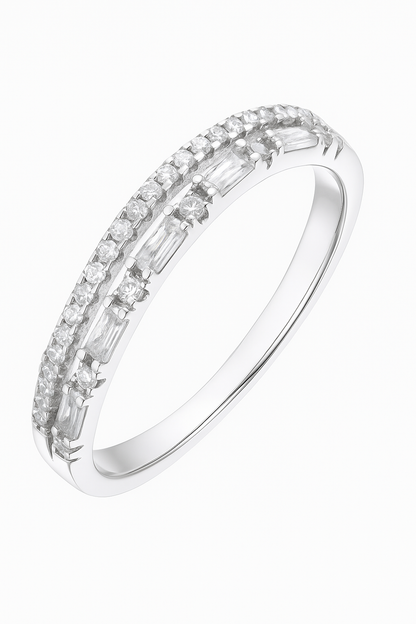 925 Silver Dual Row Baguette & Round Zircon Band Ring for Women – Elegant Everyday & Party Wear