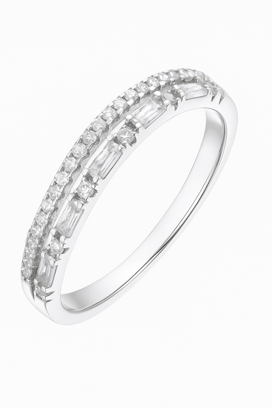 925 Silver Dual Row Baguette & Round Zircon Band Ring for Women – Elegant Everyday & Party Wear