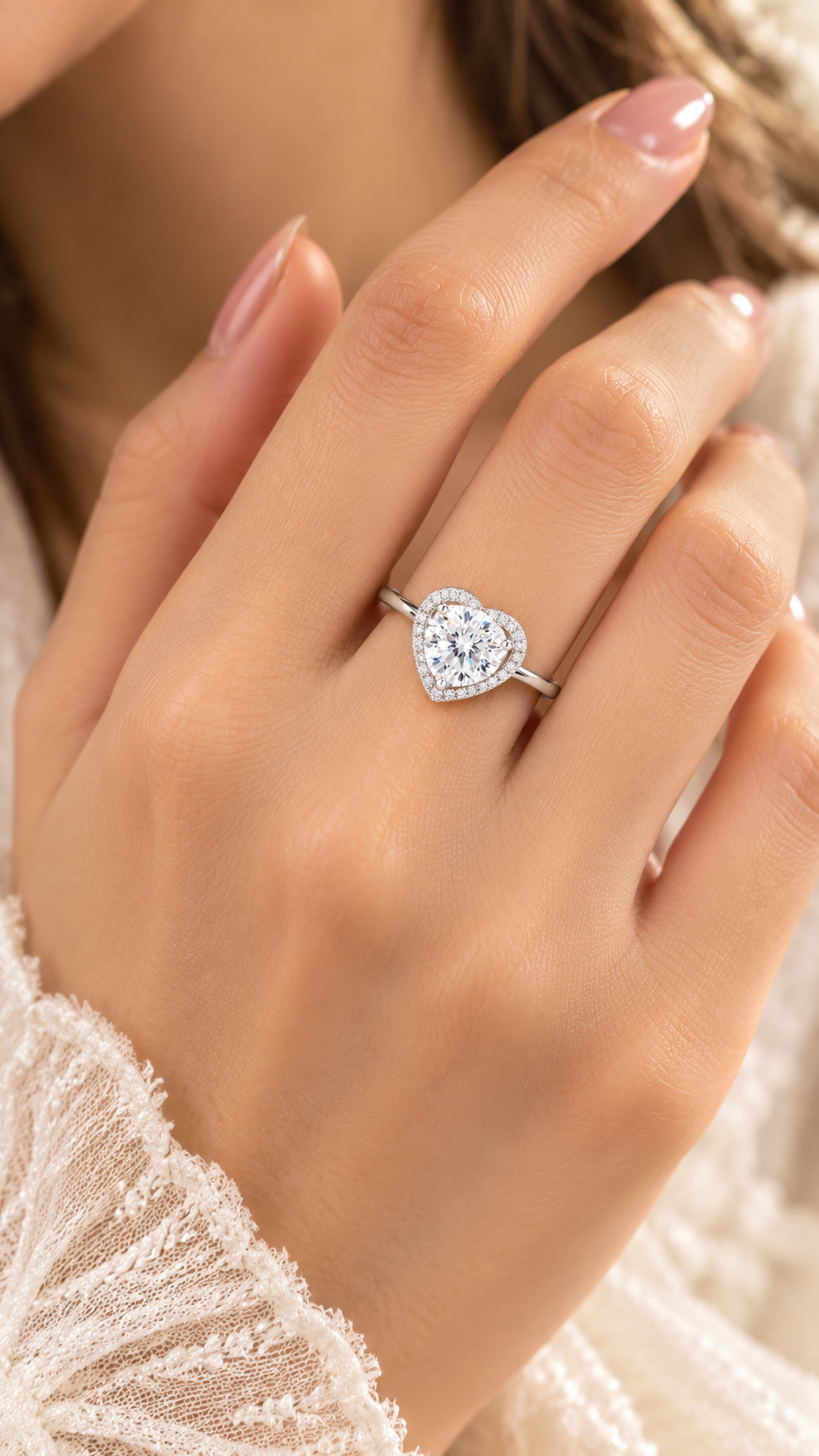 Silver CZ Heart Halo Adjustable Ring