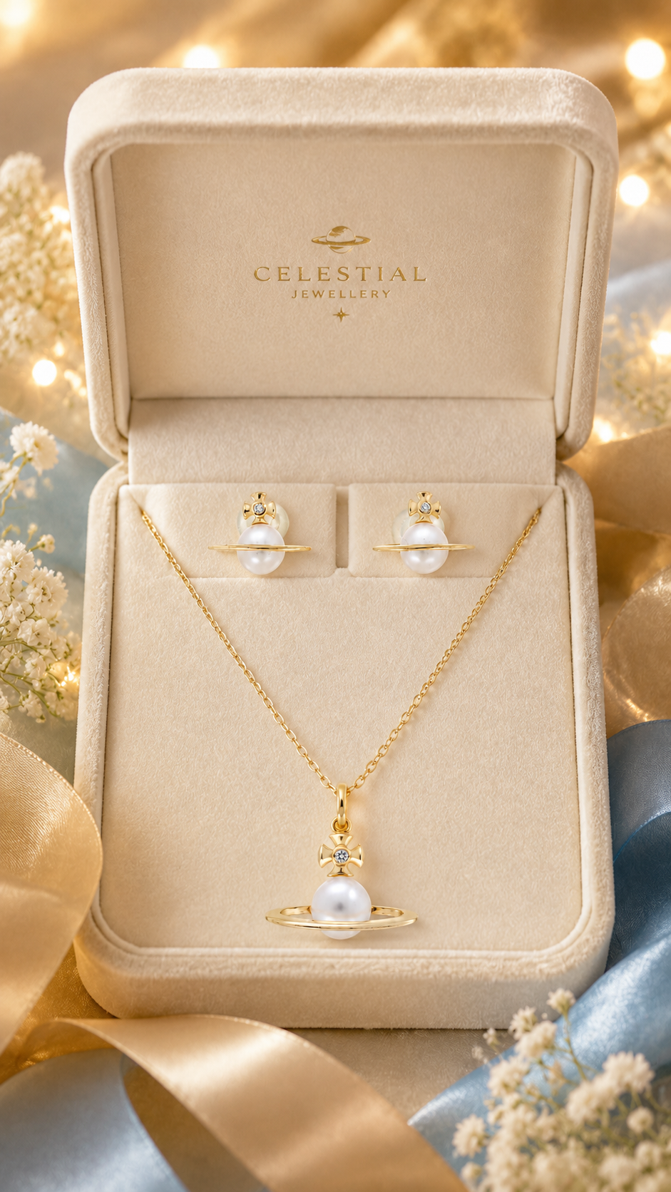 Elegant Gold Planet Pearl Pendant Necklace & Stud Earrings Jewelry Set