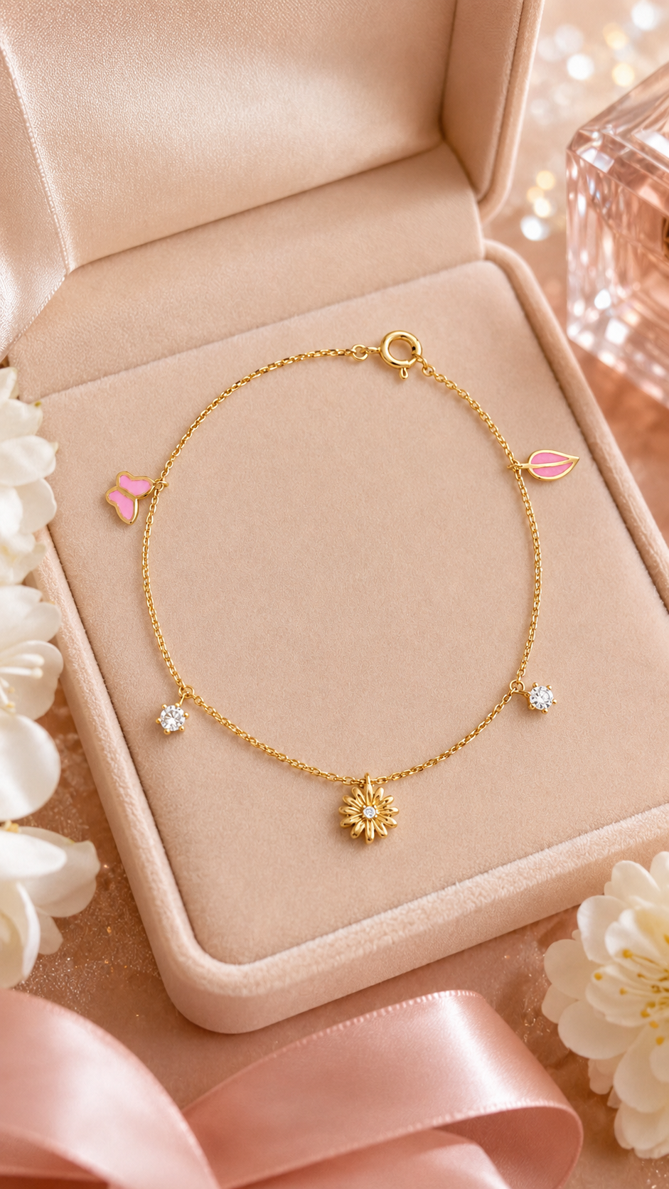 Pink Butterfly & Flower Charm Bracelet