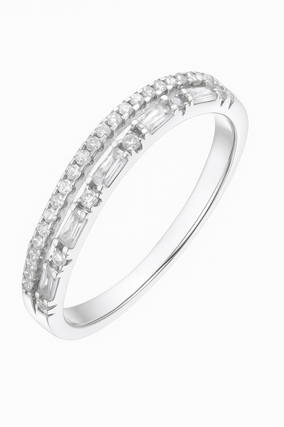 925 Silver Dual Row Baguette & Round Zircon Band Ring for Women – Elegant Everyday & Party Wear