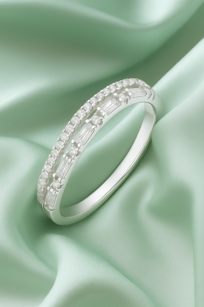 925 Silver Dual Row Baguette & Round Zircon Band Ring for Women – Elegant Everyday & Party Wear