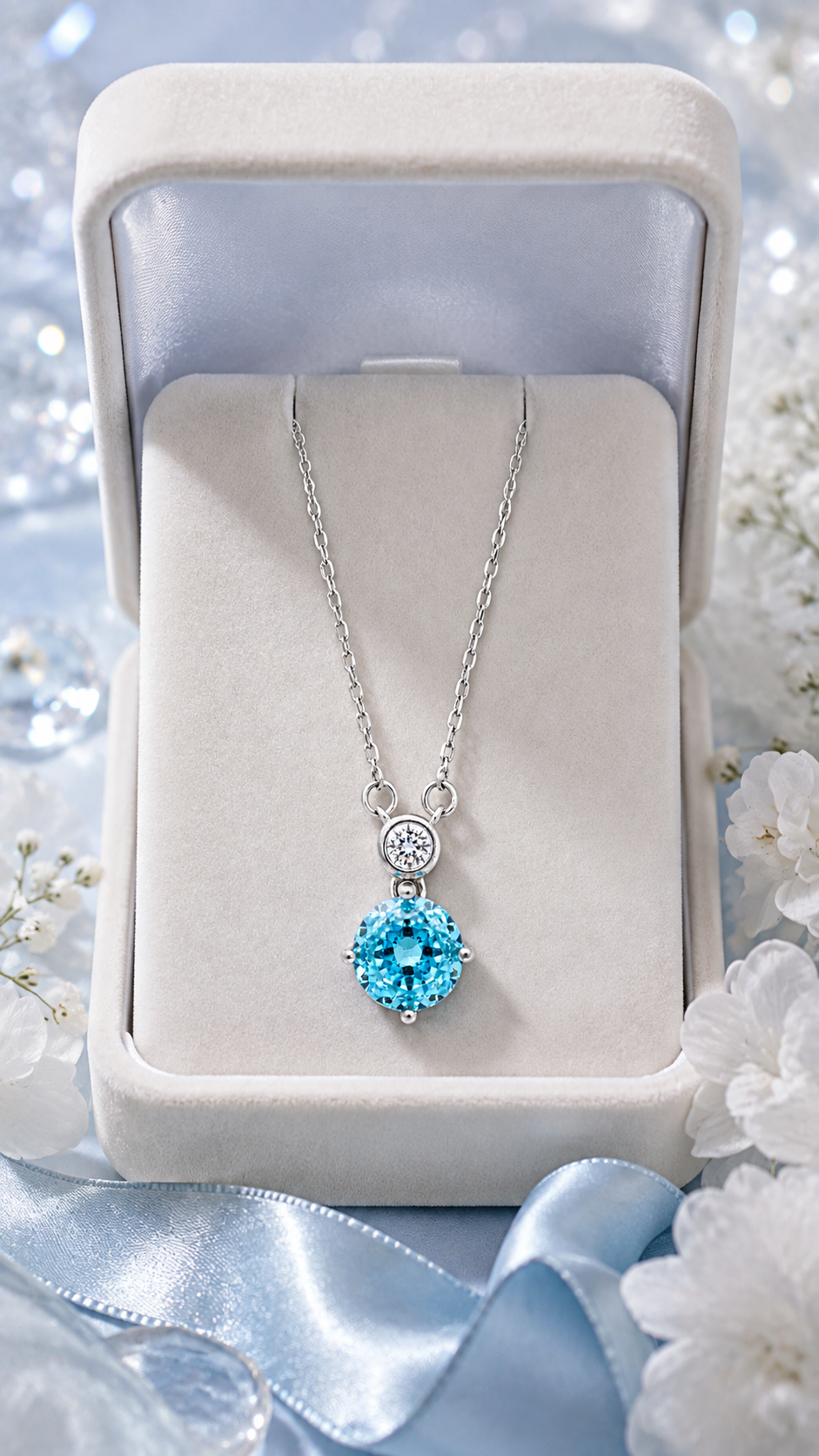 Elegant 925 Sterling Silver Blue Round-Cut CZ Drop Pendant Necklace for Women