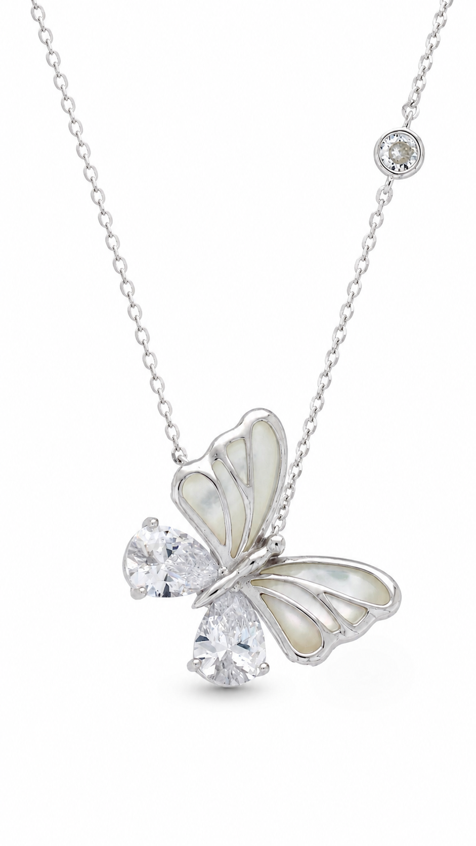 Elegant Silver Butterfly Pearl CZ Pendant Necklace