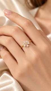 Gold 925 Sterling Silver Floral CZ Adjustable Ring |