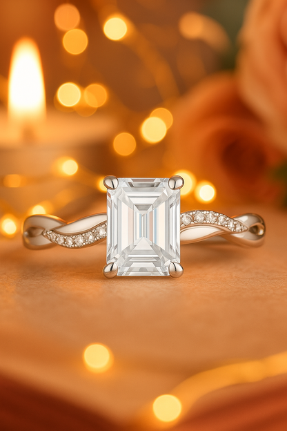 925 Silver Emerald Cut Solitaire Ring with Twisted Band – Classic Elegant Zircon Ring for Women