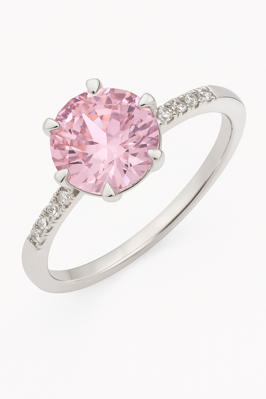 925 Silver Pink Solitaire Ring with Side Zircons – Romantic Elegant Promise Ring for Women