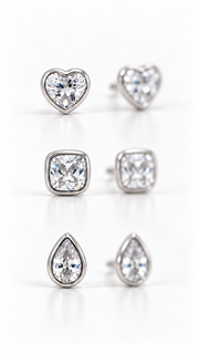 Heart, Square & Teardrop Stud Earrings Set - Aaryahi Silver jewellery product photo