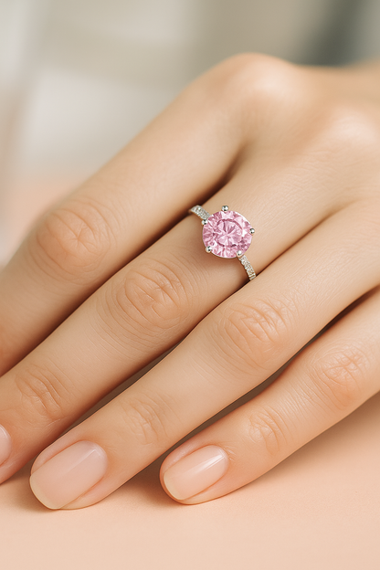 925 Silver Pink Solitaire Ring with Side Zircons – Romantic Elegant Promise Ring for Women