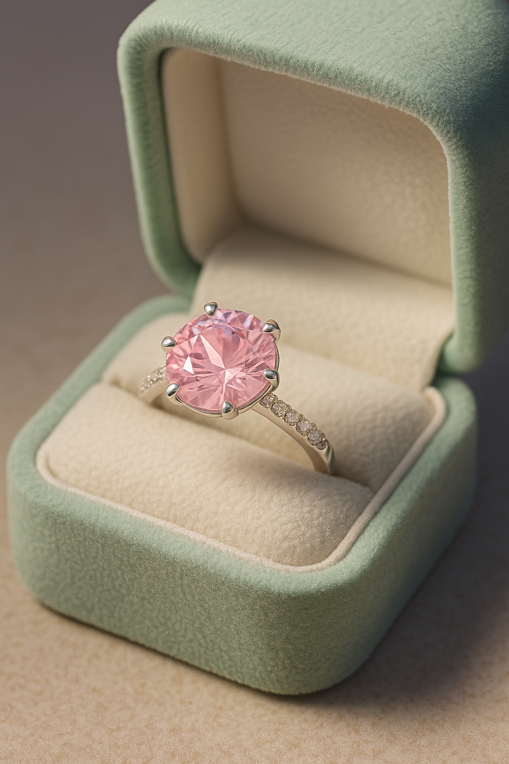 925 Silver Pink Solitaire Ring with Side Zircons – Romantic Elegant Promise Ring for Women