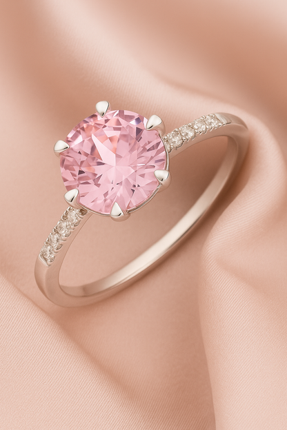 925 Silver Pink Solitaire Ring with Side Zircons – Romantic Elegant Promise Ring for Women