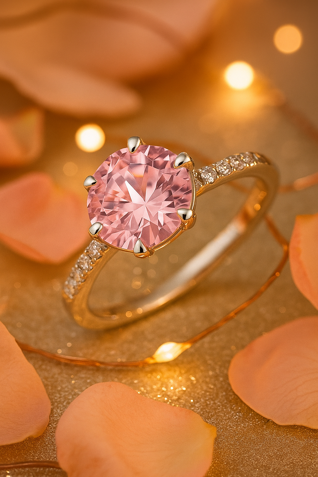 925 Silver Pink Solitaire Ring with Side Zircons – Romantic Elegant Promise Ring for Women