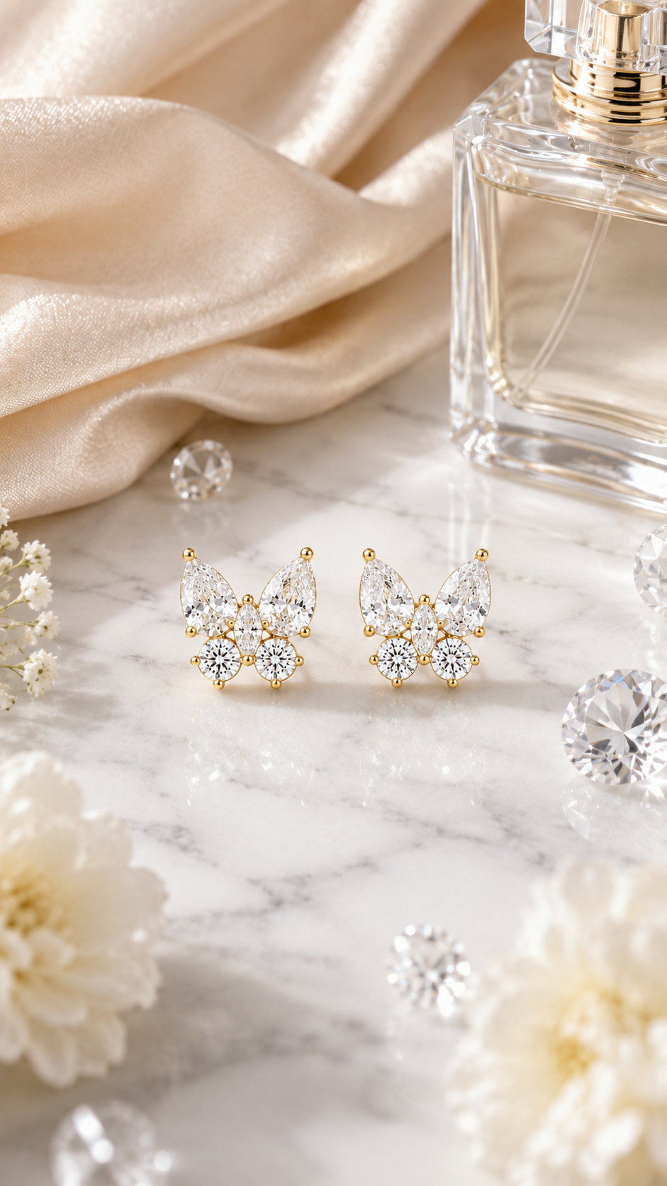 Gold Butterfly Marquise & Round CZ Stud Earrings for Women