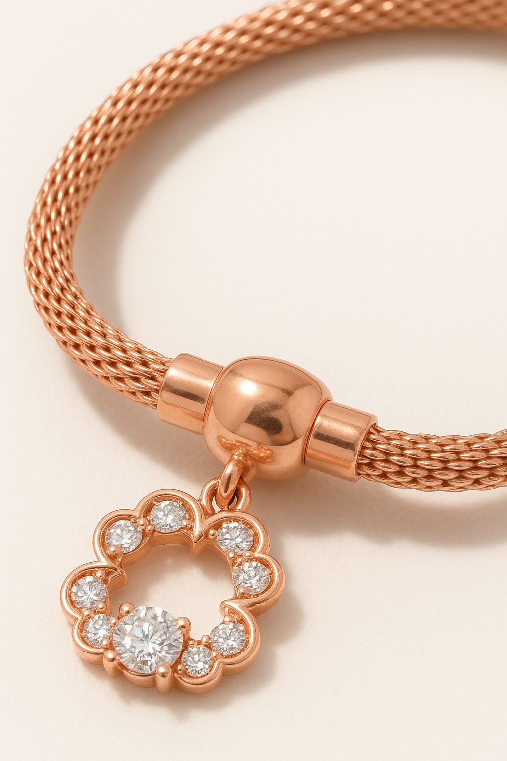 Rose Gold Mesh Bracelet with Floral Zircon Charm for Women