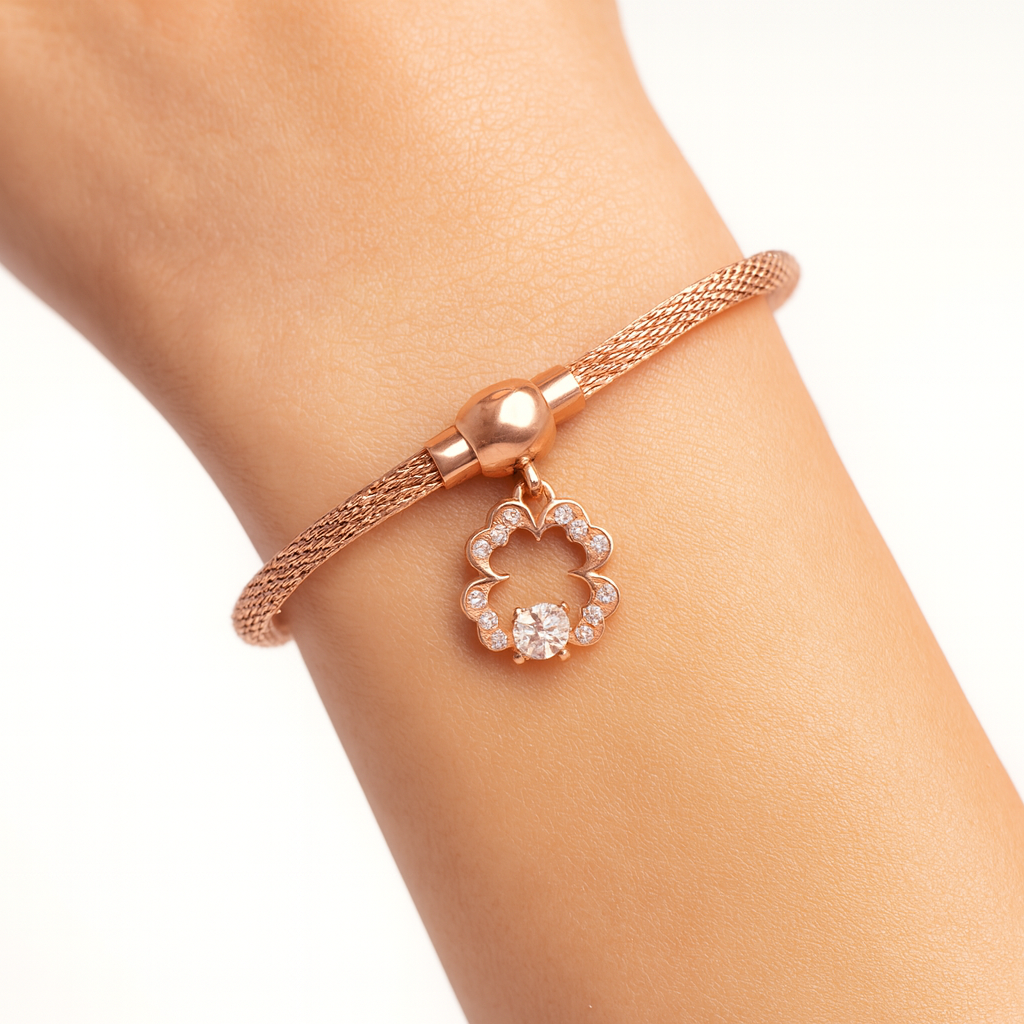 Rose Gold Mesh Bracelet with Floral Zircon Charm for Women