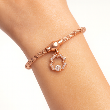 Rose Gold Mesh Bracelet with Floral Zircon Charm for Women