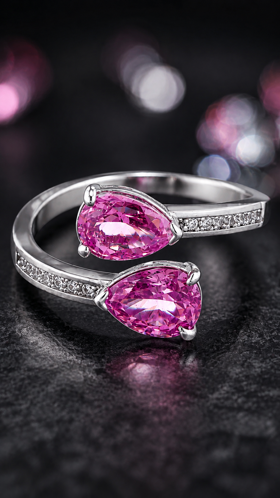 Double Pink Pear-Cut Adjustable Open Ring