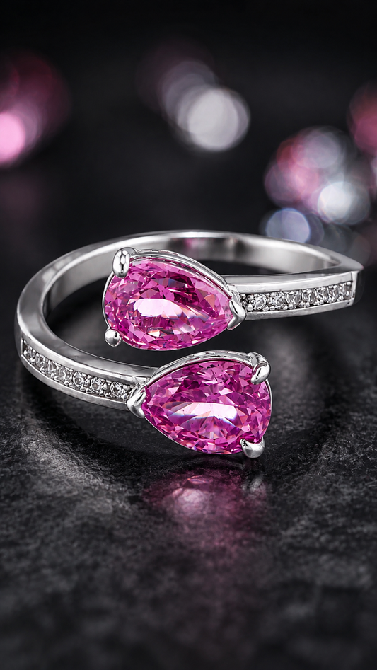 Double Pink Pear-Cut Adjustable Open Ring