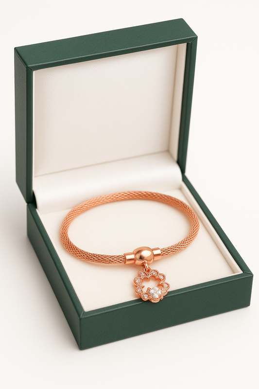 Rose Gold Mesh Bracelet with Floral Zircon Charm for Women