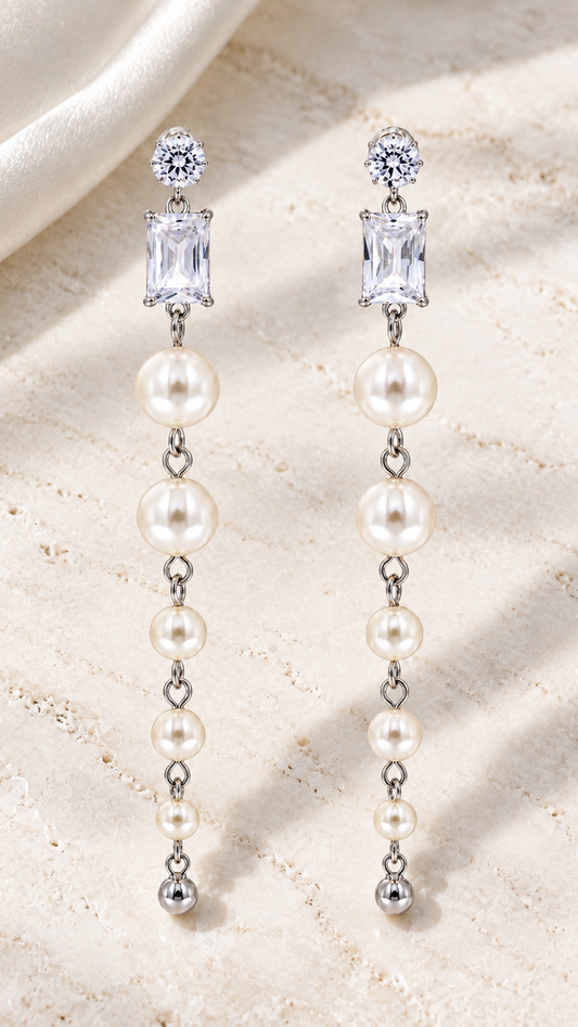 Graduated Pearl Long Drop Earrings