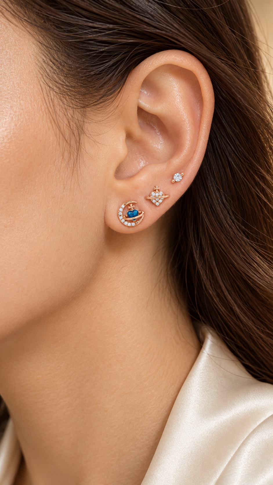 Blue Heart Planet, Heart Saturn & Solitaire Earrings Set - Aaryahi Silver jewellery product photo