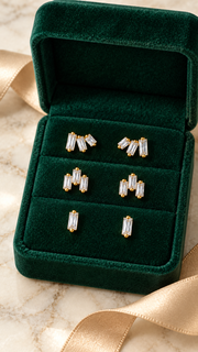 Baguette Cluster & Solitaire Stud Earrings Set - Aaryahi Silver jewellery product photo